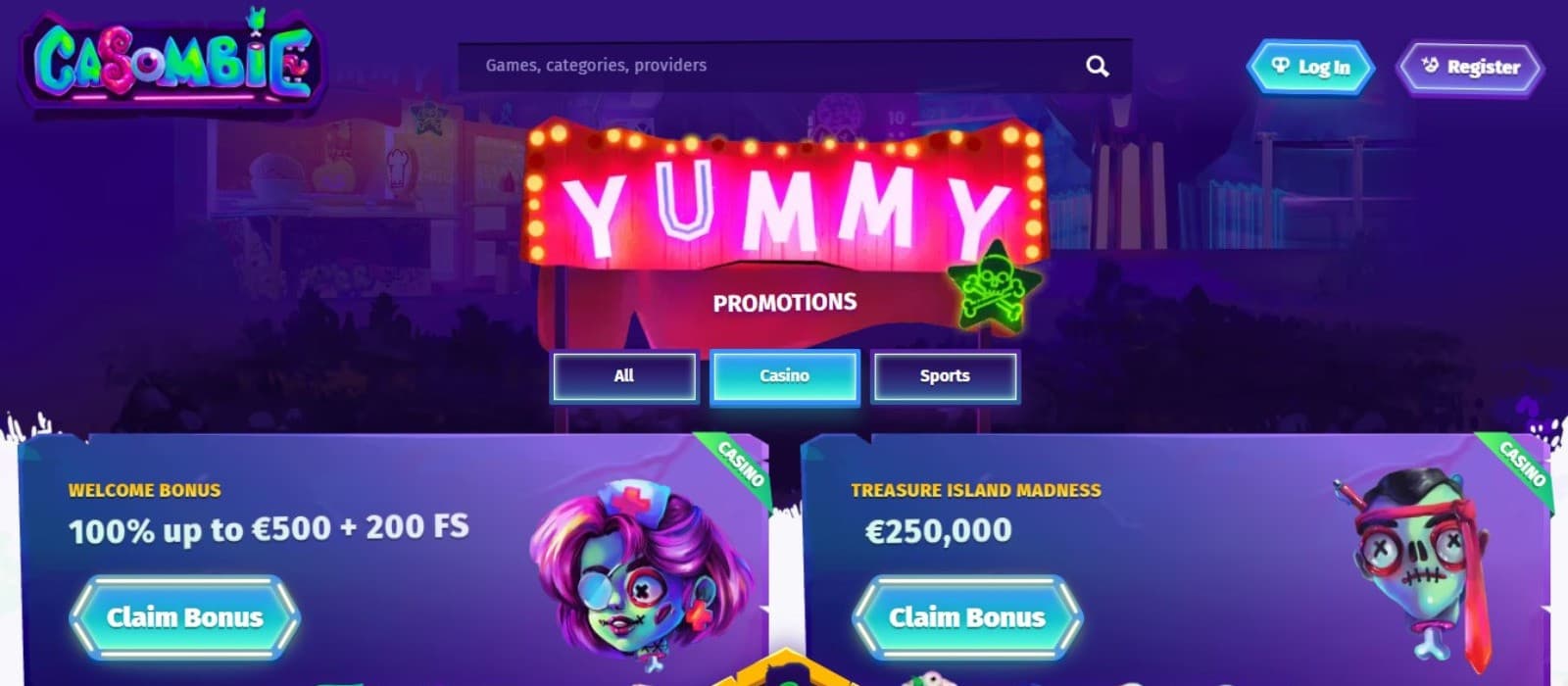 Casombie Casino's promotions page, showing the welcome bonus and other bonuses.