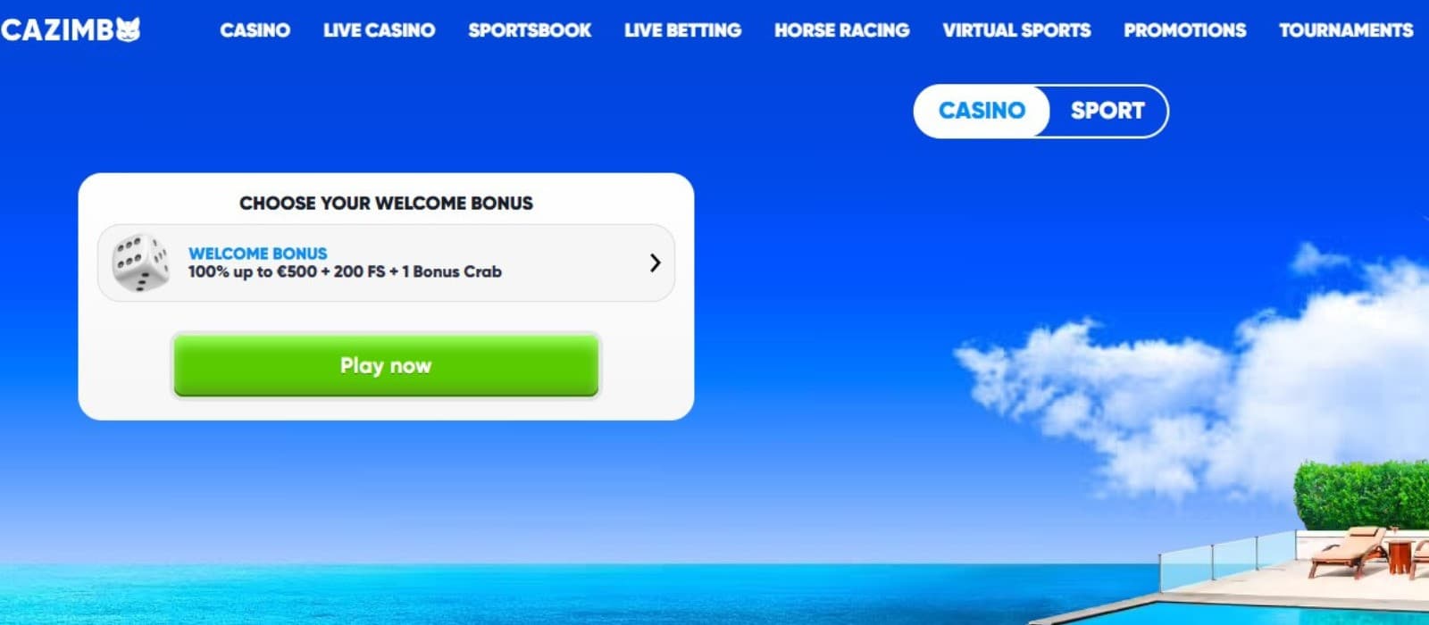 Cazimbo Casino's homepage, showing the welcome bonus banner and the game tabs.