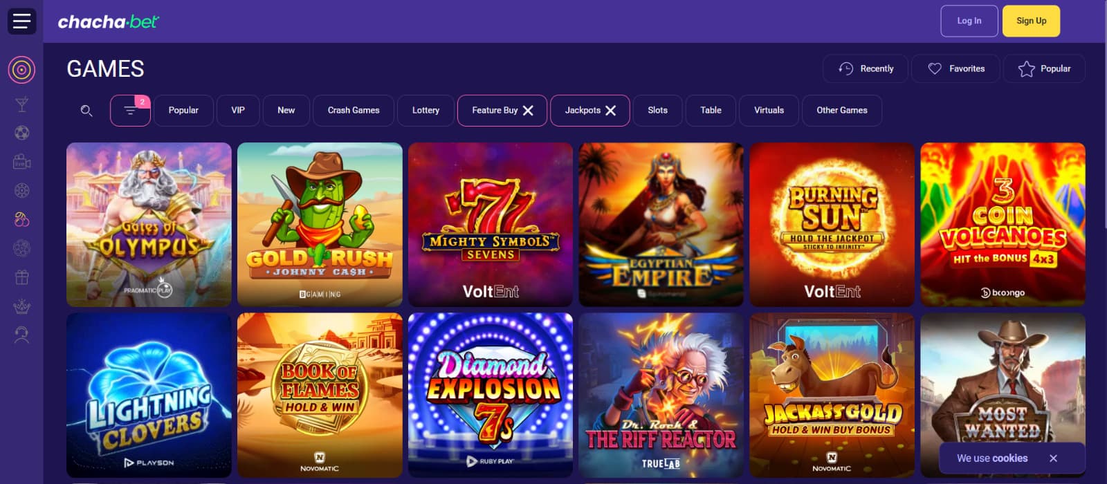 Chachabet Casino Games page with Zeus-themed and 777 slots