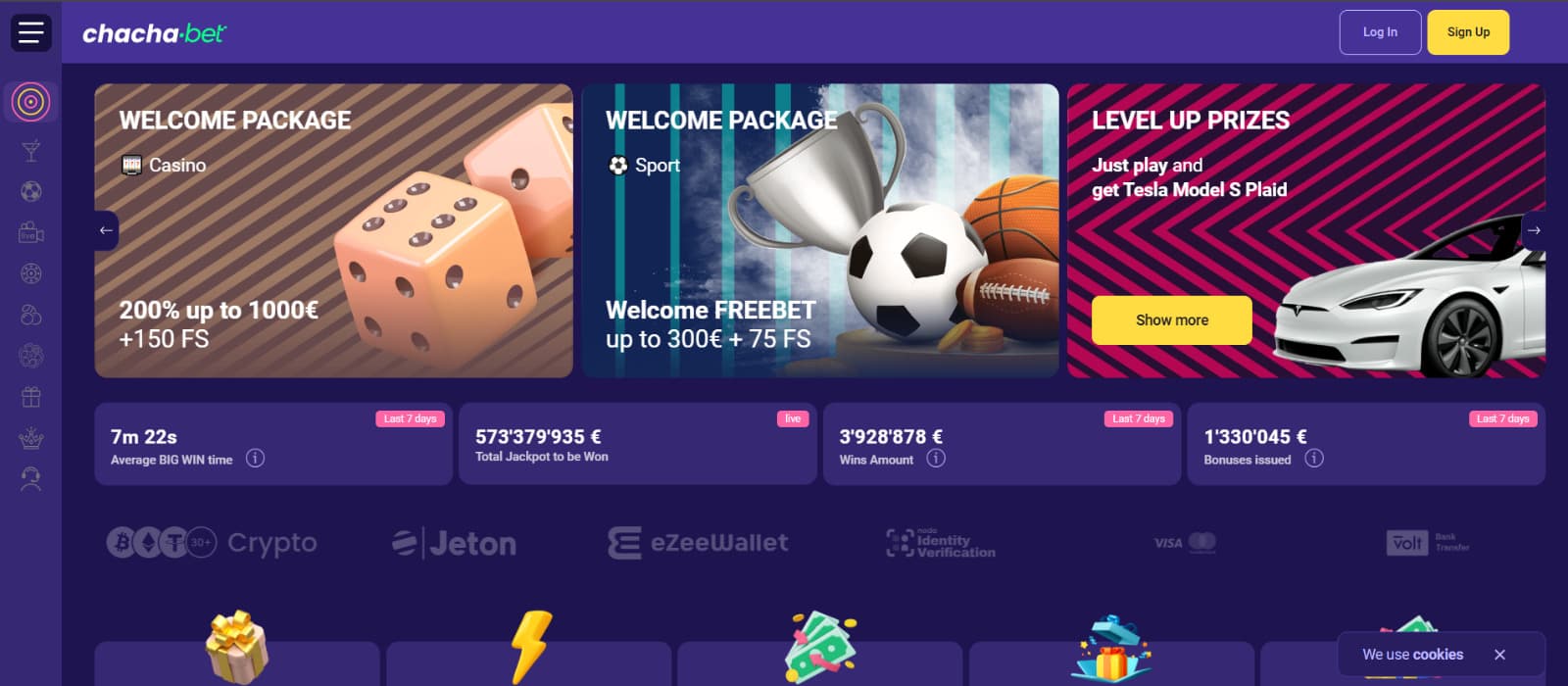 ChachaBet Casino Landing page with dice, football cup and sports car promo images