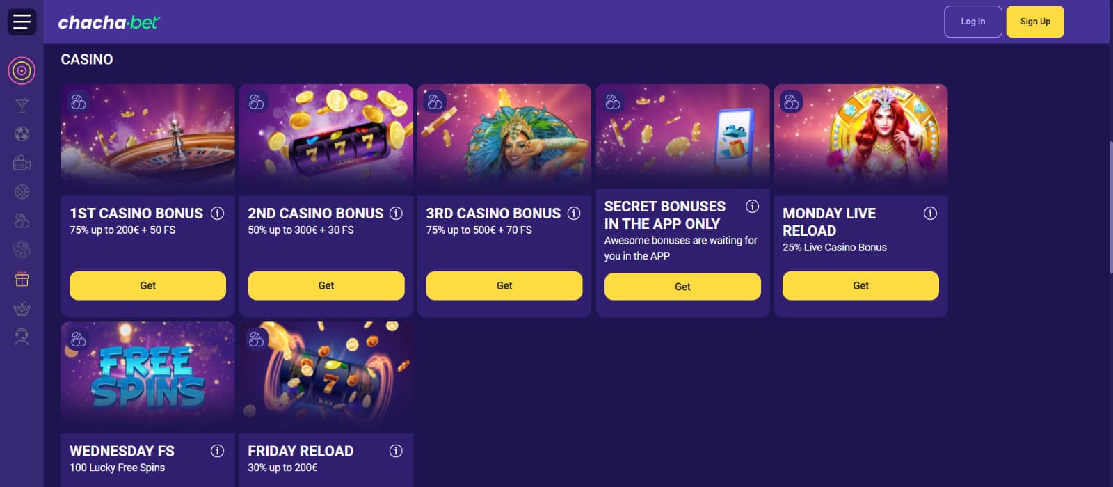 Chachabet Casino promotions page with 3 first deposit welcome bonus