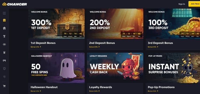 chancer casino promotions page showing thumbnail designs of different bonuses