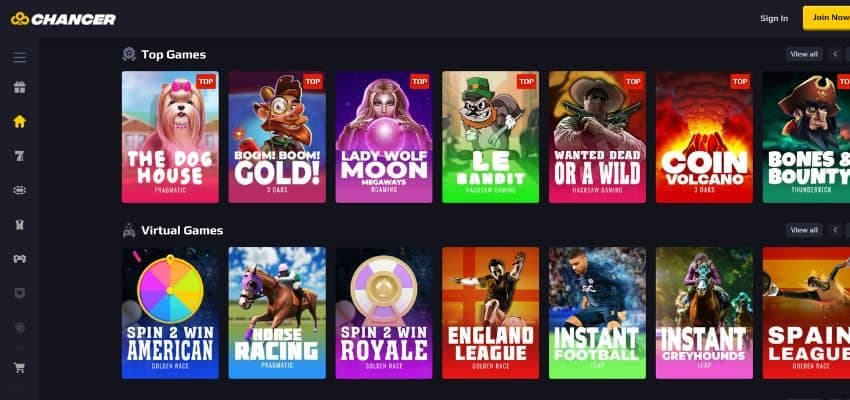 chancer casino games category showing thumbnails of slot games like the dog house, lady wolf moon and others.