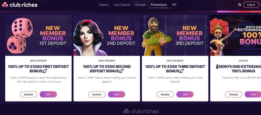 Club Riches promotion page showing thumbnails with animated images and information on casino bonus 