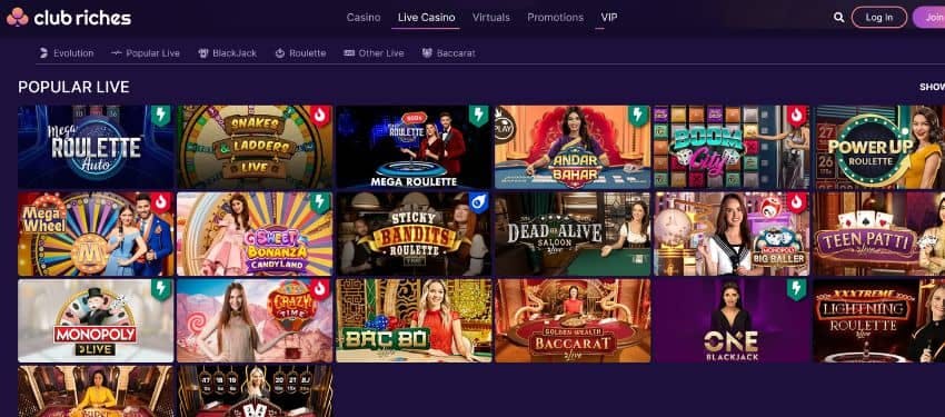 Club Riches casino live dealer section showing different games with beautifully designed thumbnails