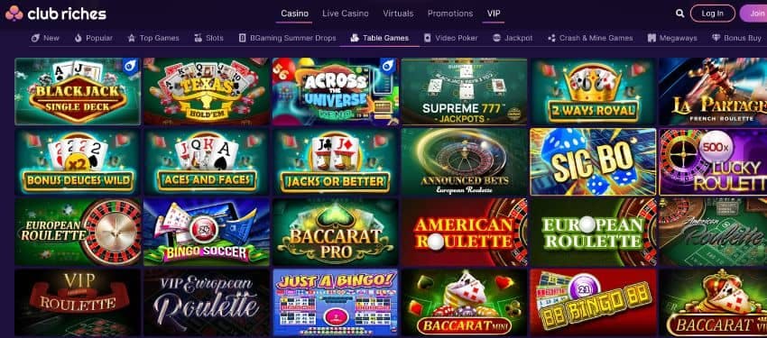 Table games section showing thumbnails with animated images for roulette, baccarat, and other games