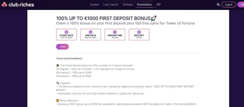 club riches welcome bonus page showing information on the casino 100% first deposit bonus
