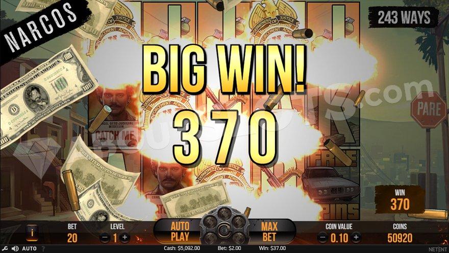 Dollar bills and gun shells flying through the air and a yellow text saying "big win 370."