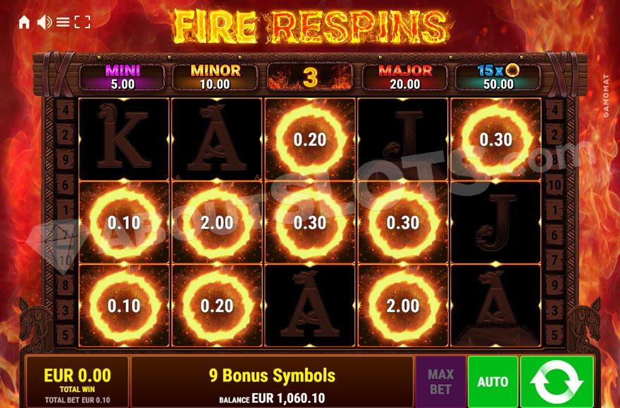 Nine fire orbs on the reels in the fire respins feature.