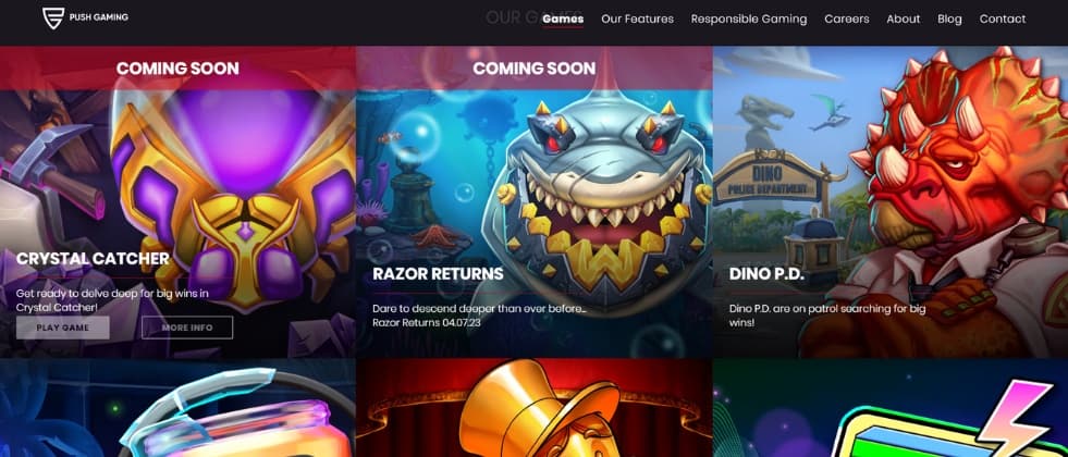 A screenshot from Push Gaming's website, showing some of their up & coming games