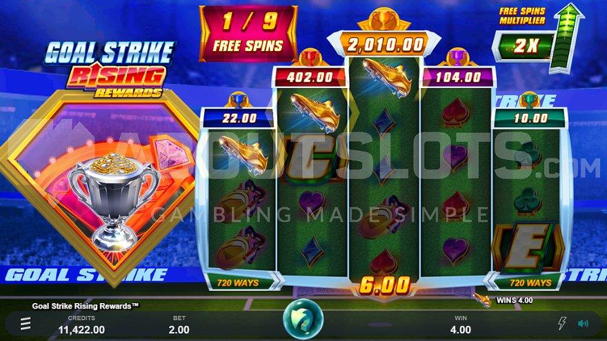 Golden football shoes on the first three reels in the free spins. 