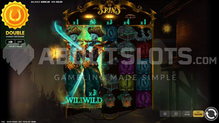 Two stacked Pirate Wild Symbols on reels 1 and 2 in the Free Spins.