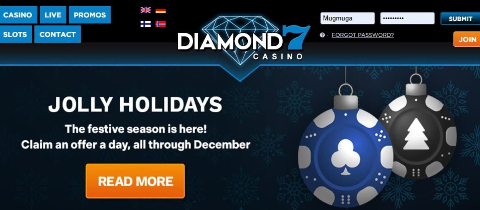 The landing page of Diamond7 Casino showcases the Jolly Holidays bonuses for the festive season on a dark background next to the casino chips. 