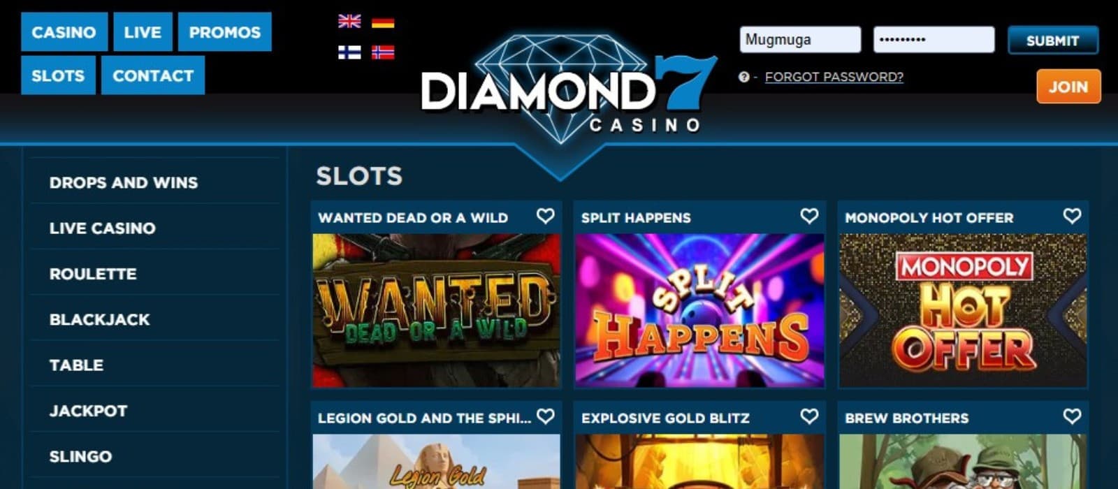 The games selection of Diamond7 Casino displays a selection of famous slot games, such as Wanted Dead or a Wild, Split Happens, and more.