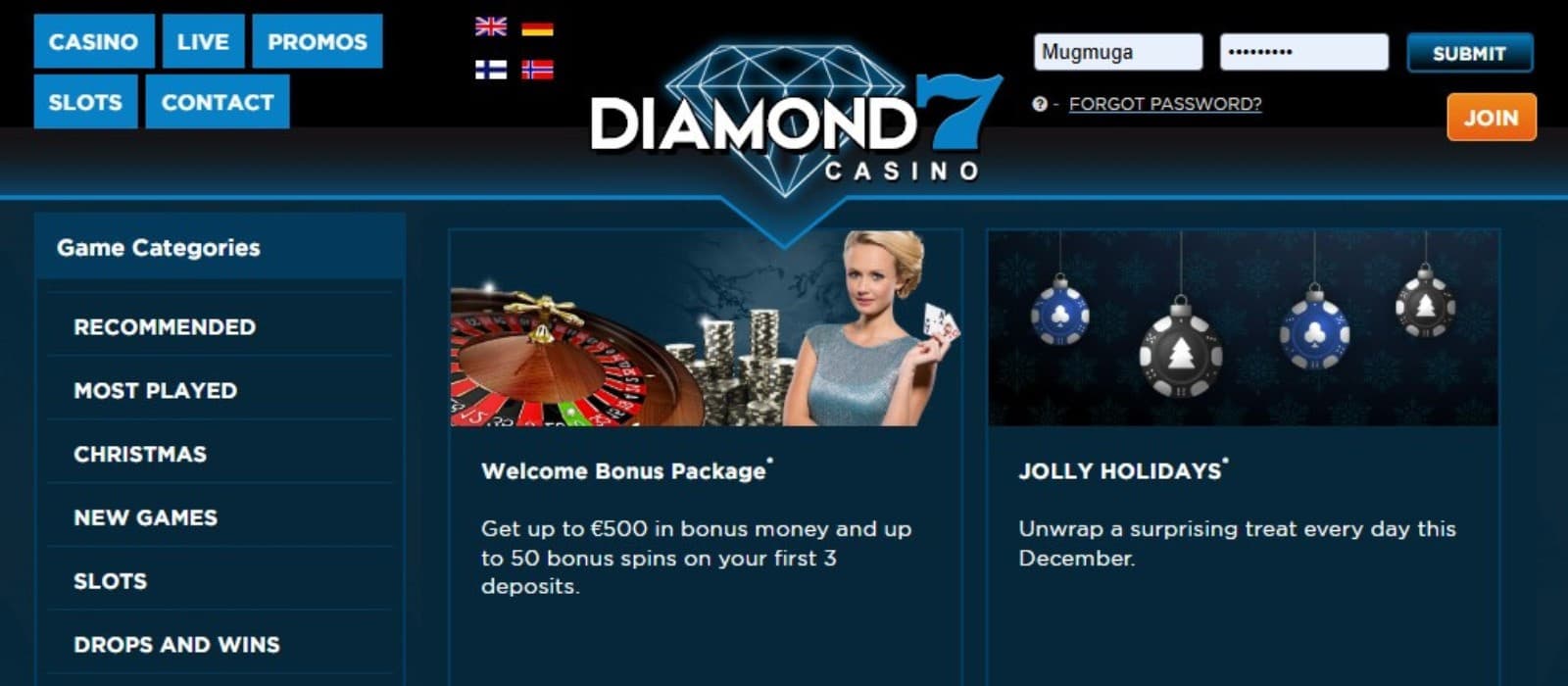 The promotions page of Diamond7 casino displays the welcome bonus package and the Jolly Holidays promotions. 