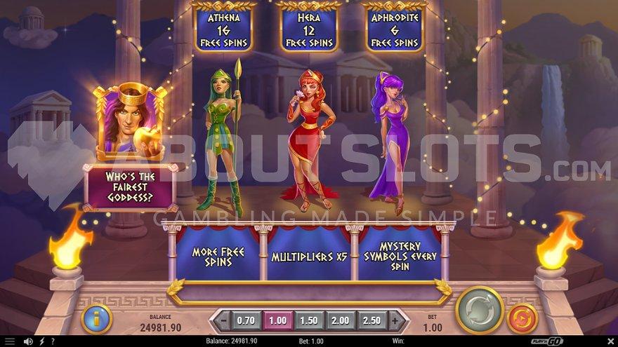 A screen where the player gets to choose between the Free Spins of Athena, Hera, or Aphrodite.