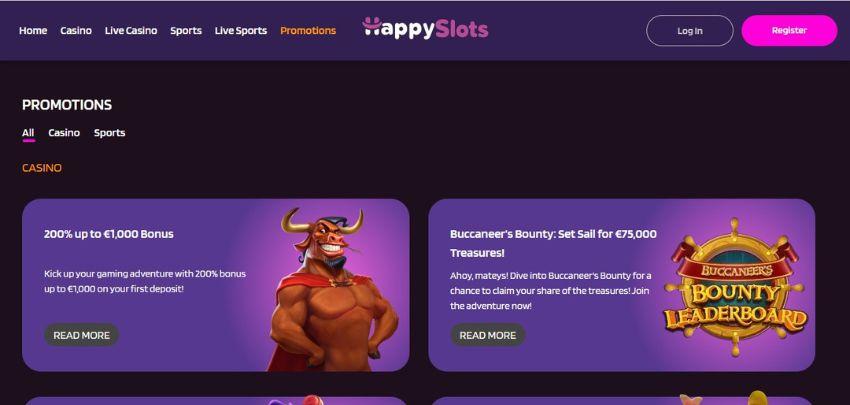 HappySlots Casino's promotions page, showing the welcome bonus and Buccaneer's Bounty tournament.