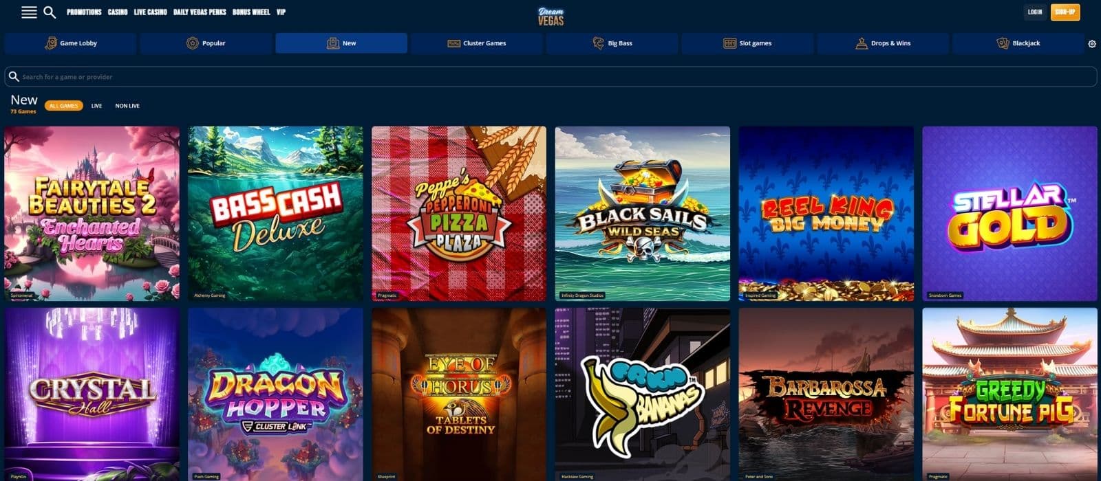 The game section at Dream Vegas Casino showing some of the latest additions to their slot games library. 