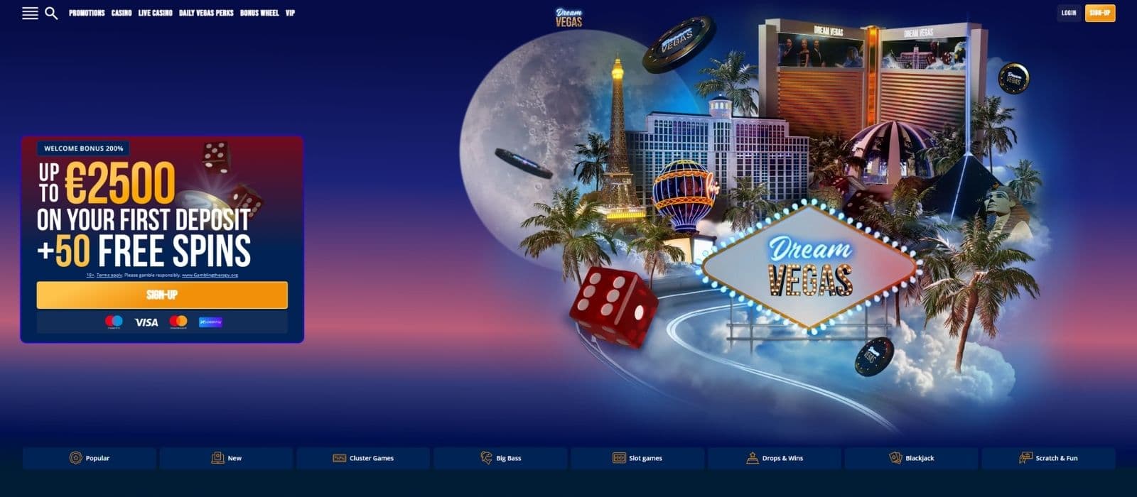 Dream Vegas Casino landing page showing the top menu, casino welcome offer, and game categories