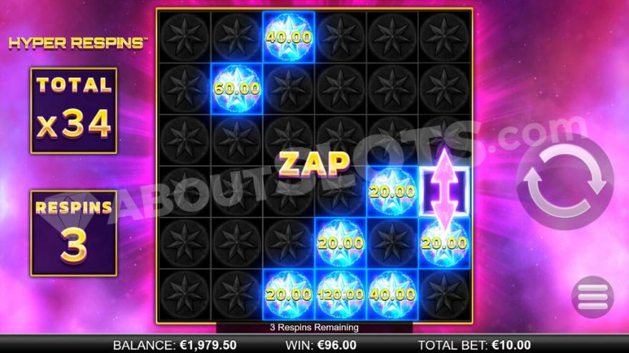 Bonus Respins with a zap vertical symbol on a reel.