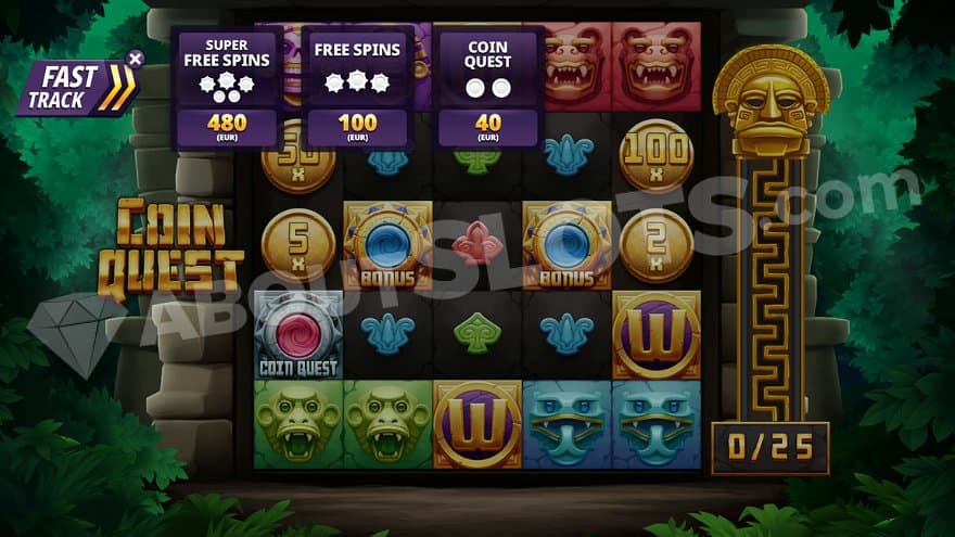 The Fast Track Bonus Buy feature in the upper left corner lets the player purchase the three bonus features.