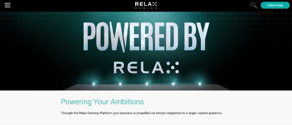 The homepage of Relax Gaming. "Powered by Relax" is written on a futuristic background.
