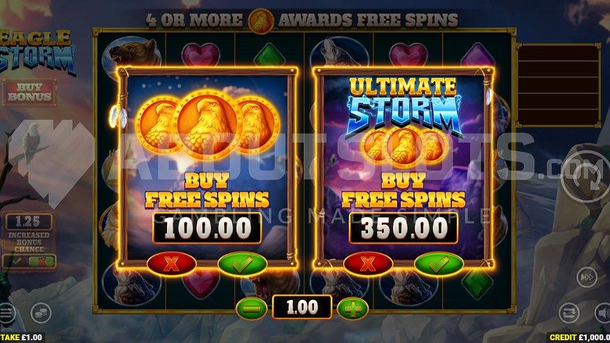 A screen offering the Free Spins for 100X the bet of the Ultimate Storm Free Spins for 350X the bet.