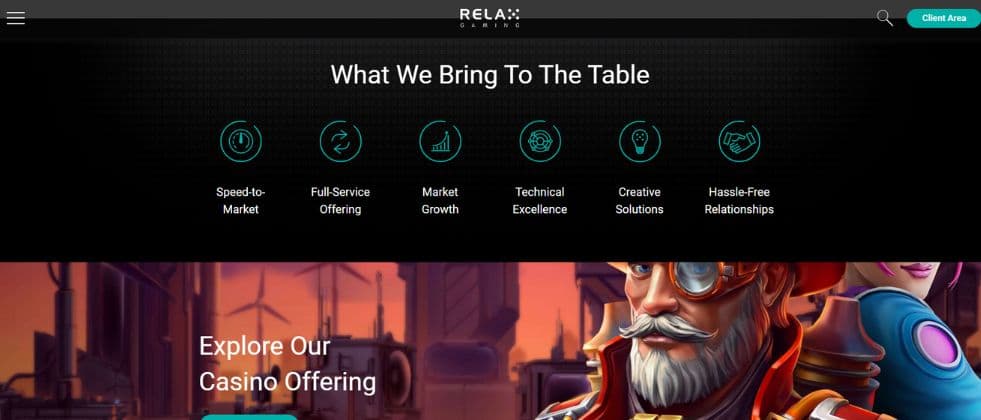 A screenshot of Relax Gaming’s homepage listing some of the services and solutions they provide.