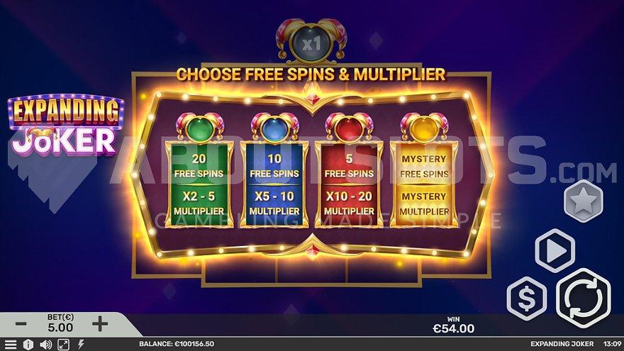 A screen presenting the four options for the Free Spins.