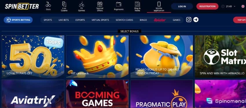 Spinbetter casino promotions page with loyalty pays, VIP cashback and reload bonus offer thumbnails.