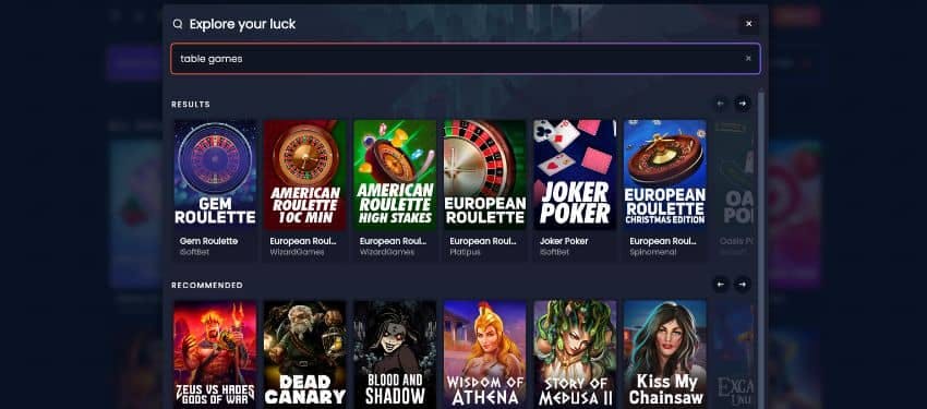 Zen casino table games search screen showing some roulette and joker poker games thumbnails
