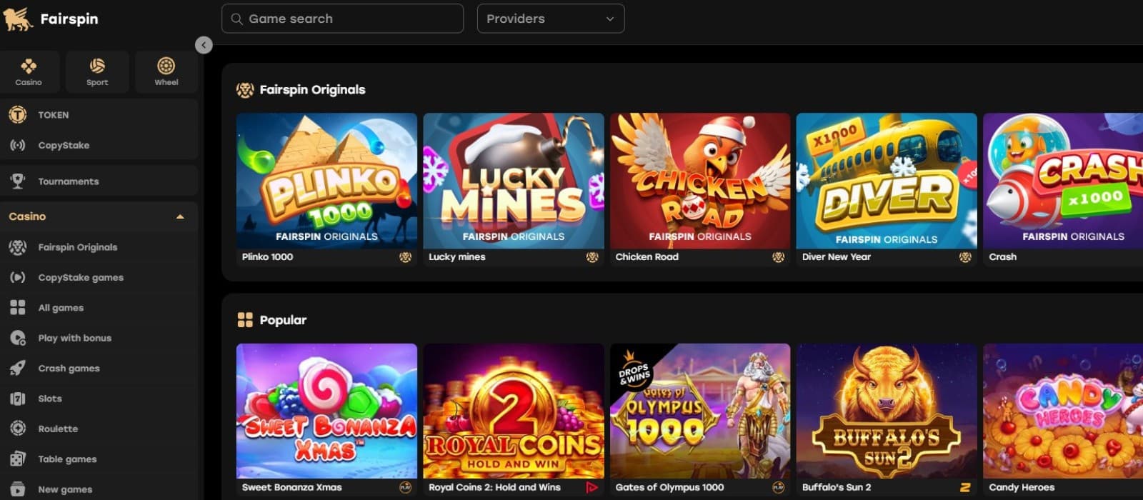 Fairspin Casino's homepage showing popular games and a sidebar menu.