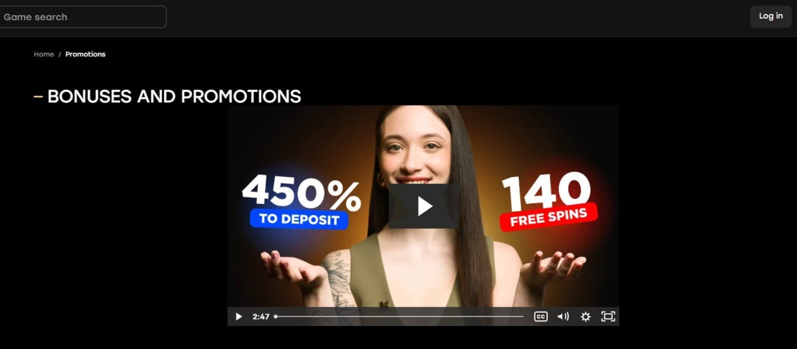 Fairspin Casino's promotions page, showing a video clip describing the welcome package and other bonuses.