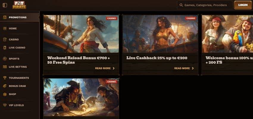 FatPirate Casino promotions page showing the reload, cashback, and welcome bonus offer thumbnails with animated images