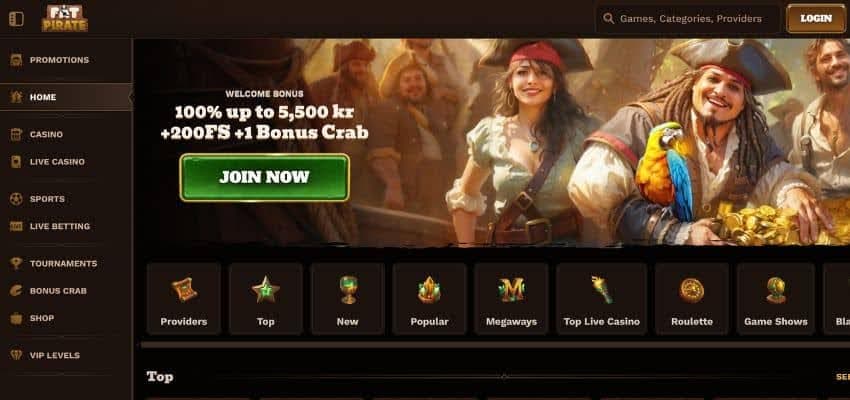 FatPirate Casino homepage showing a banner with animated image of pirate captain, his crew, parrot and gold coins