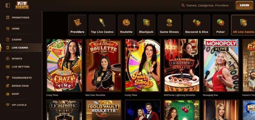 FatPirate Casino live dealer category page showing animated thumbnails of some titles and the sidebar menu