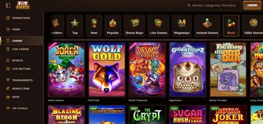 FatPirate Casino slots games category showing animated thumbnails of different titles