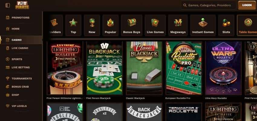 FatPirate Casino tabel games category showing different titles and a sidebar menu