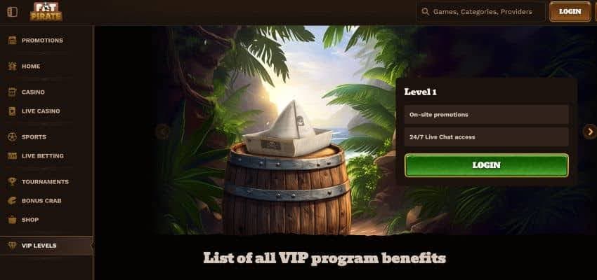 FatPirate Casino VIP program showing a barrel with captain hat and the information about level 1 