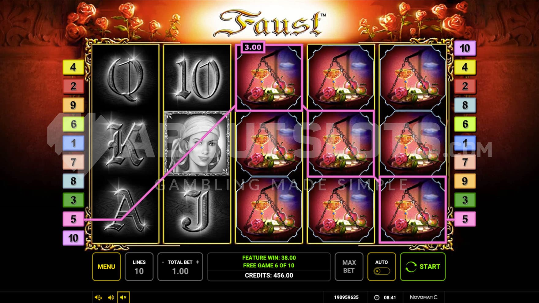 Free Spins bonus in progress, showing a win on the high-paying Expanding Symbol on the last 3 reels.