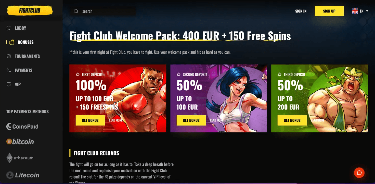 Bonus page at Fight Club Casino with cartoon banners