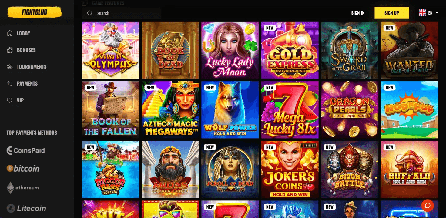 Selection of colorful slot games at Fight Club Casino