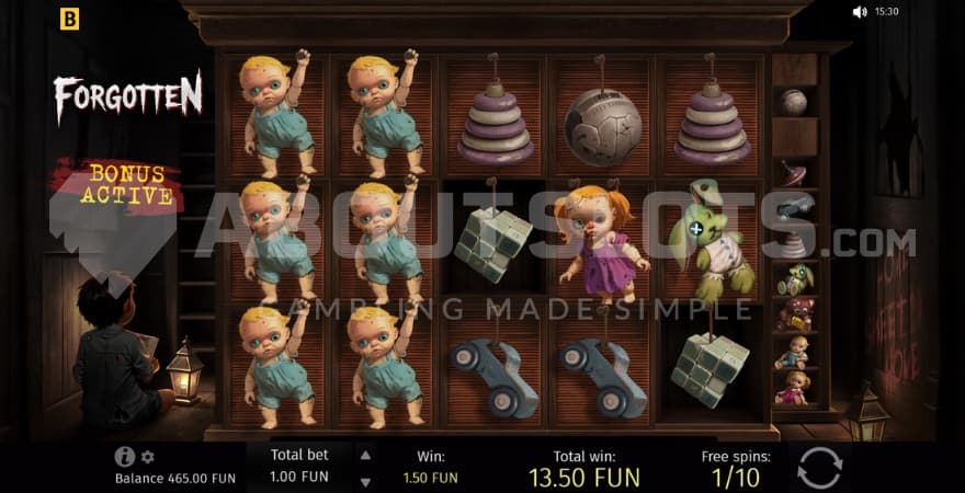 A screenshot of the free spins view, taking place in an old, spooky house