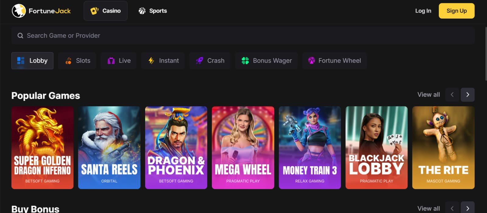 FortuneJack games page with the most popular slots under search bar and categories