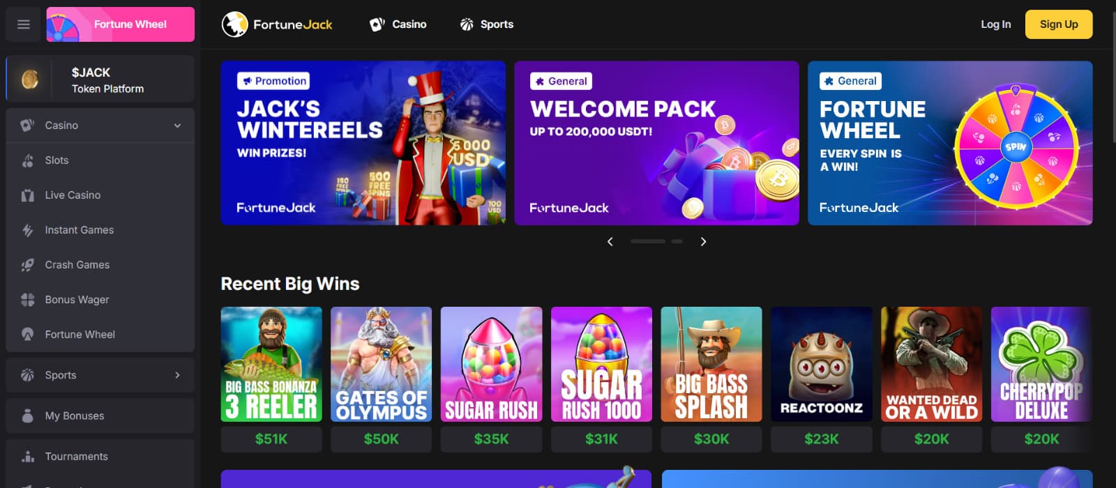  FortuneJack Casino landing page, lobby section with promotion and big wins reels