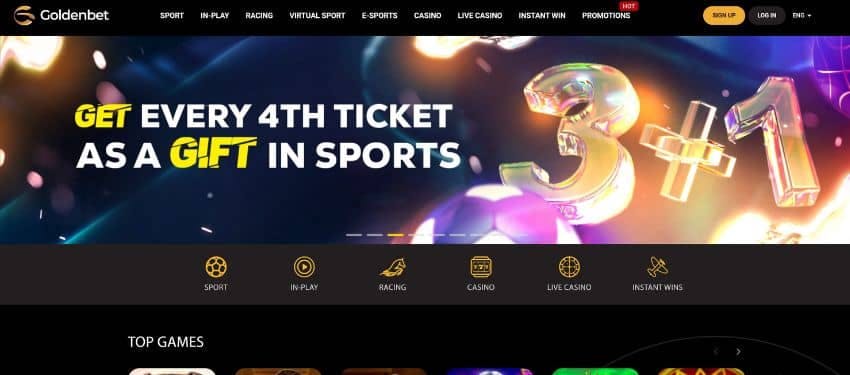 Goldenbet casino homepage with a banner showing one of the sportsbook promo and menu