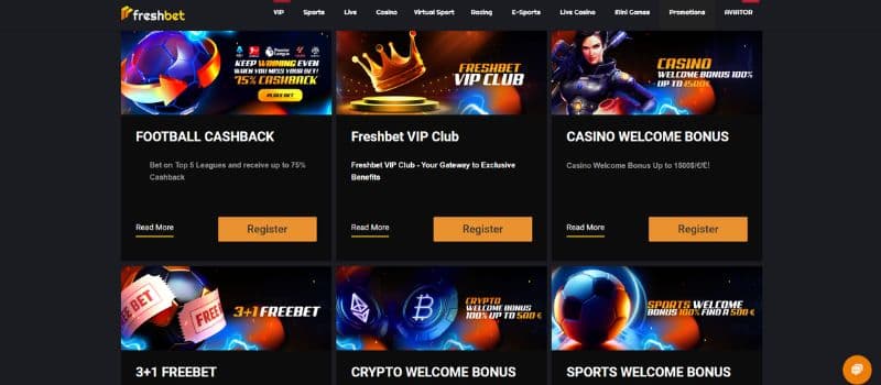 FreshBet’s promotions page features several amazing rewards, including a welcome bonus and a VIP Club.