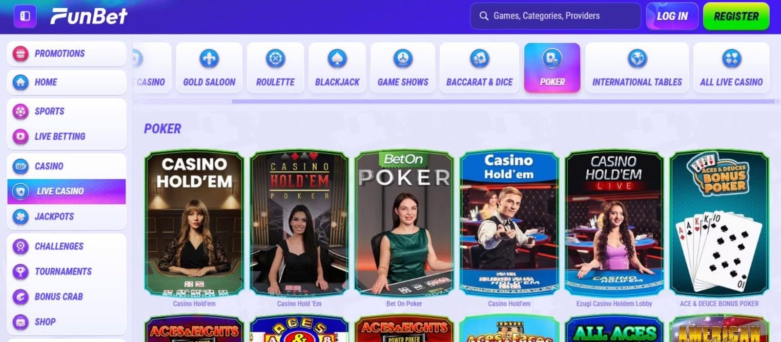 FunBet Casino's live games section, showing variations of poker.