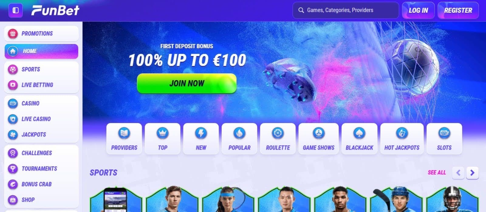 FunBet Casino's homepage, showing the welcome bonus, game tabs, and sidebar menu.