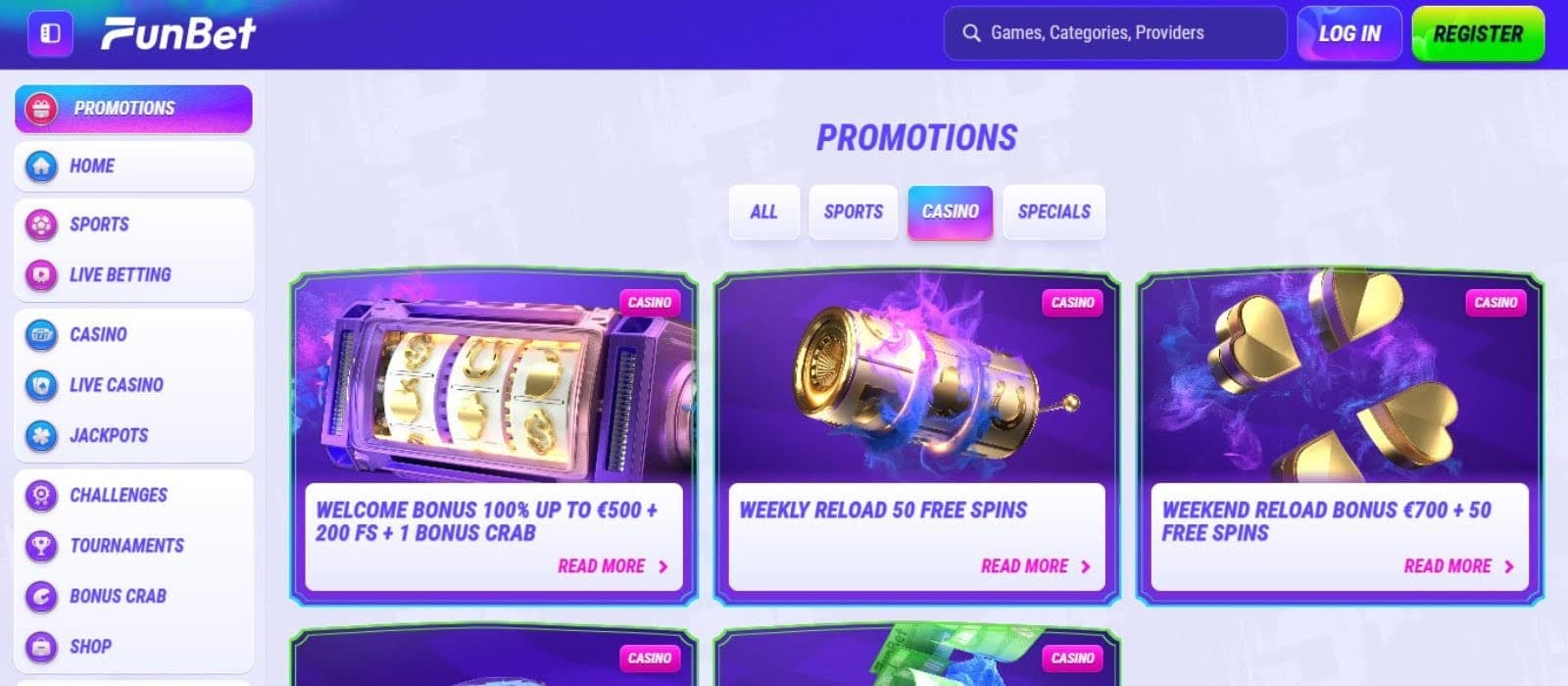 FunBet Casino's promotions page, showing the welcome bonus and weekly reload offers.